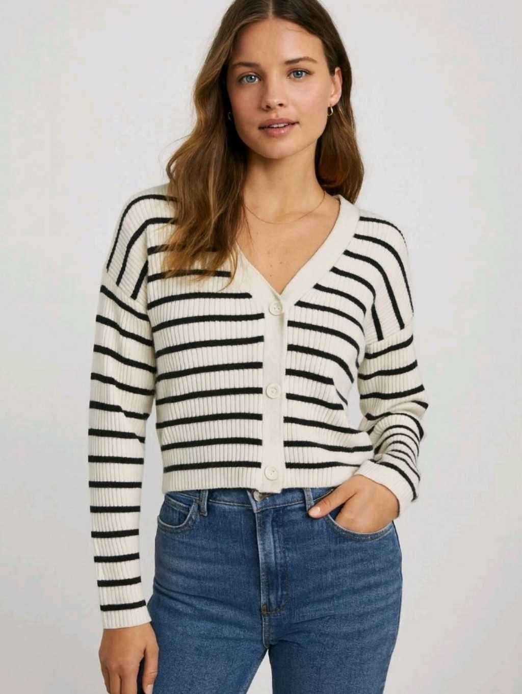 Abercrombie & Fitch Striped Cropped Cardigan Sweater Black White Size S